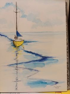 a watercolor painting of a sailboat in the middle of the ocean with blue sky and clouds