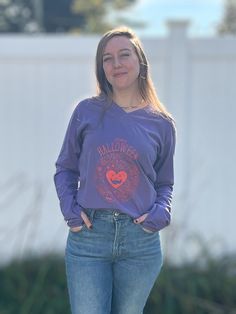 Cotton thumb hole shirt. Colors orange, purple, black, green, S, M, L, XL. Purple V-neck Top With Graphic Print, Purple Long Sleeve Top With Graphic Print, Relaxed Fit Long Sleeve Top With Screen Print, Purple Long Sleeve Shirt For Fall, Purple Long Sleeve Top For Fall, Purple Cotton Top With Screen Print, Fitted Long Sleeve Purple T-shirt, Fitted Lavender Tops For Fall, Casual Purple T-shirt For Fall