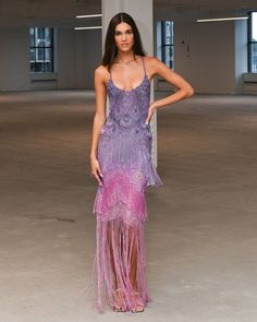 The Hand-Beaded Ombre Gown is part of the Spring 2024 Runway Collection. This fully-beaded gown takes more than 32 days to make by hand. It is made from a tulle fabric, features a open back and dramatic hand-beaded fringe trim.Made in Brazil. 100% Polyester. VEL27765US Sum Dresses, Ombre Gown, 2024 Runway, Runway Gowns, Darling Dress, Tulle Fabric, Made In Brazil, Runway Collection, Fringe Trim