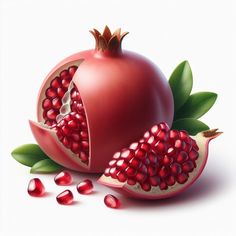 a pomegranate cut in half with leaves and seeds