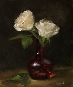 a painting of two white roses in a brown vase