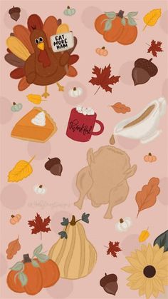 a turkey, coffee cup and autumn leaves on a pink background