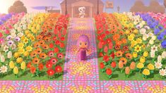 an animal crossing through a flower garden in animal crossing