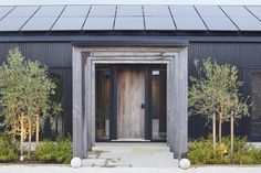 an entrance to a modern home with trees and shrubs in front of the door area