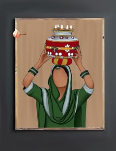 a painting of a woman holding a cake on her head