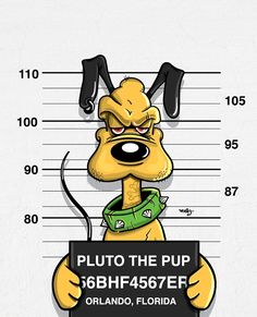 a cartoon dog holding a sign that says pluto the pup is 65lb / 45ft orlando, florida