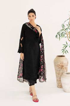 3-Pc CM23-03 || MONOCHROME || CHARIZMA in UK USA UAE online kapraye.com Chanderi Churidar With Embroidered Border In Black, Black Chanderi Churidar With Embroidered Border, Black Churidar With Floral Embroidery For Eid, Black Floral Embroidered Churidar For Eid, Black Cotton Dupatta With Floral Embroidery, Festive Black Unstitched Suit With Embroidered Border, Embroidered Trousers, Dress Designing, Embroidered Sleeves