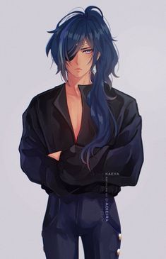 an anime character with blue hair and black clothes