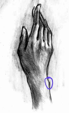 a drawing of a hand reaching up into the air with a blue circle in front of it