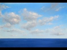 an oil painting of the ocean with clouds in the sky and blue water behind it