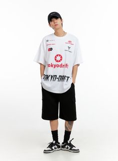 Product Detail Style : Street Occasion : Back to school Type : Men, TShirts Print : Graphic Material : Cotton Sleeve : Short sleeve Neck : Round neck Fit : Oversize fit Cotton100 Color : White, Black Made in Korea Model Size Model is wearing size M/L and the color White. Height : 6'0" | 184cm / Top : L / Bottom : XL (32 inch) .prddescription table, .prddescription td, .prddescription th { border : 1px solid black; border-collapse : collapse; padding: 10px; } Size(Inch) Size Shoulder Bust Sleeve Sports Cotton T-shirt With Back Print, Techwear Crew Neck T-shirt With Letter Print, White Techwear Tops With Letter Print, Techwear Short Sleeve Sports T-shirt, Urban Sports T-shirt With Text Print, White Techwear Crew Neck Top, White Crew Neck Techwear Top, White Cotton Techwear Tops, Sporty Streetwear T-shirt With Back Print