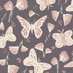 pink and white butterflies on a dark gray background with red stems, leaves and buds