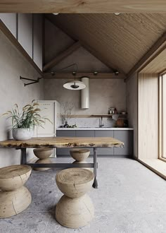 a kitchen with wooden tables and stools in it