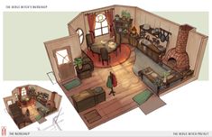 a drawing of a living room and kitchen in an old - fashioned house with wood flooring