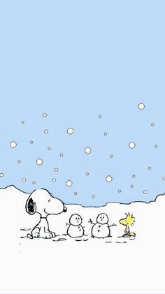 a charlie brown christmas card with snoop and his family on the snow covered ground in front of a blue sky