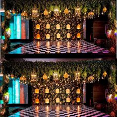 two photographs of lights and decorations on a wall in front of a checkered floor