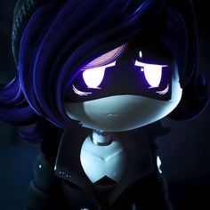 an anime character with blue hair and purple eyes, wearing black clothing in the dark