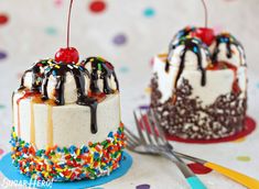 two cakes with ice cream, sprinkles and cherries