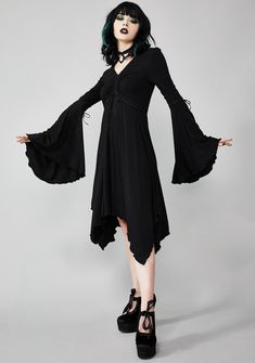 Widow Little Black Dress Bell Sleeves | Dolls Kill Black Bell Sleeve Dresses For Fall, Witchy Fall Dresses, Witchy Long Sleeve Dresses For Night Out, Witchy Spring Costume Party Dresses, Spring Witchy Costume Party Dresses, Witchy Dresses For Spring Costume Party, Witchy Spring Dresses For Costume Party, Goth Teacher, Concept Outfits