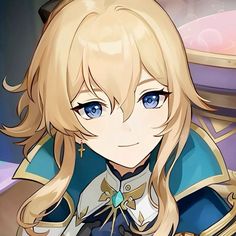 an anime character with long blonde hair and blue eyes, wearing a gold crown on her head