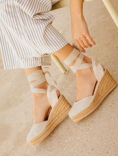 Casual Espadrille High Heel Wedge Sandals, Espadrille High Heels For Spring, Spring High Heel Espadrille Heels, Casual High Heel Espadrilles For Summer, Spring Cream Closed Toe Wedge Sandals, Chic Espadrille Heels With Removable Insole, Espadrille Wedge Heels For Spring, High Heel Espadrilles For Vacation, Spring Espadrille Wedge Heels