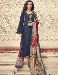 Bluish Grey Palazzo style Suit Velvet Luxury Velvet Salwar Kameez For Women, Designer Multicolor Digital Print Palazzo Set, Semi-stitched Meenakari Palazzo Set, Bohemian Long Sleeve Embroidered Palazzo Set, Bohemian Semi-stitched Palazzo Set With Long Sleeves, Bohemian Semi-stitched Long Sleeve Palazzo Set, Anarkali Palazzo Set With Multicolor Embroidery, Bohemian Unstitched Palazzo Set With Zari Work, Bohemian Palazzo Set With Digital Print And Long Sleeves