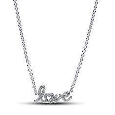 From Pandora, spell out what's in your heart with the Sparkling Handwritten Love Collier Necklace. This sterling silver necklace features a fixed pendant shaped like the word "love" in a handwritten style, adorned with sparkling cubic zirconia pave. The letter "o" is shaped like a heart for a playful touch. The chain is adjustable to three lengths and has a tiny openwork heart dangle near the clasp. Gift it as a wearable love note to a special person - yourself or someone else. Pandora Pandora Necklace, Word Love, Love Note, Letter O, Top Gifts, Love Necklace, Pandora Jewelry, Necklace Sizes, Sterling Silver Necklace