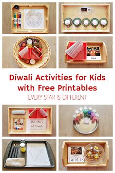 several different pictures with the words diwali activities for kids with free printables