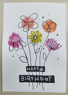 a handmade birthday card with flowers in a vase and the words happy birthday written on it