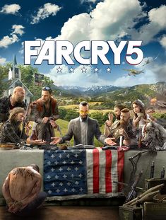 the poster for far crys is shown in front of an american flag and people