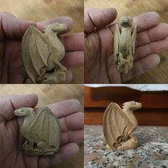 four different pictures of an animal made out of wood, including a bat and a human hand