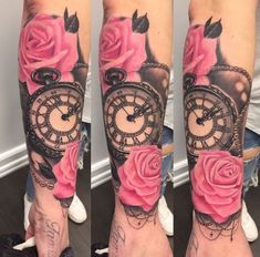 the legs are decorated with roses and an old clock on it's side, along with other tattoos