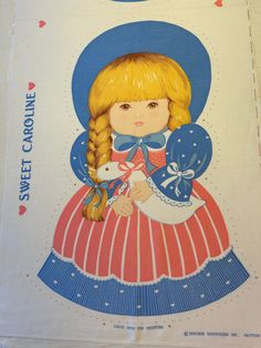 "Sweet Vintage Cut and Sew Girl in Bonnet holding a Goose Pillow Doll Fabric Panel by Springs Industries.  Rare and Out of Print Vintage fabric Panel from the 1980's for you to sew.  Adorable  design, to sew and stuff to make a cute pillow / stuffed doll.   Easy cut and sew project. The instructions are included on the fabric. Pattern # 6019 Springs Industries  Panel measures 17\" x 45\" Doll Design measures 20\" tall. 100% Cotton  Stored in a Clean, Smoke-free Home" Pillow Doll, Stuff To Make, Doll Design, Cute Pillow, Sweet Caroline, Cute Pillows, Fabric Panel, Fabric Pattern, Fabric Panels