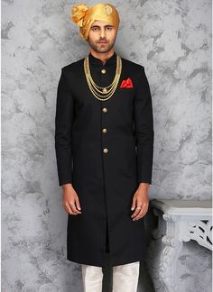 Black and White Silk Sherwani Classic Black Formal Kurta, Black Nehru Jacket For Ceremonial Festivals, Gold Long Sherwani For Formal Occasions, Elegant Black Nehru Jacket For Festivals, Black Long Kurta For Formal Occasions, Long Black Kurta For Formal Occasions, Elegant Nehru Jacket For Traditional Ceremonies, Formal Long Black Kurta, Elegant Black Traditional Semi-formal Wear