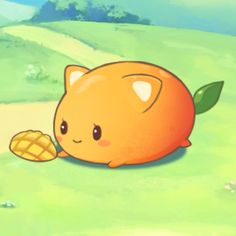 an orange laying on the ground with a piece of food in it's mouth