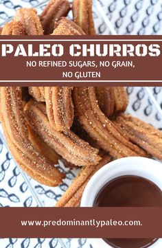 an image of some churros on a plate with dipping sauce in the middle