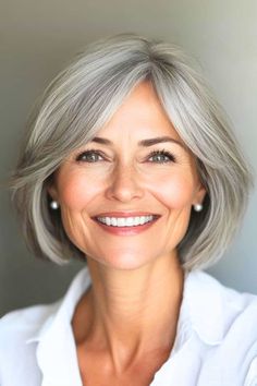 Save this pin for the best bob hairstyles for older women. Here are some stunning bob styles for older women that'll have you loving your bob-length locks in no time. Silver Bob, Trendy Bob, Trendy Bob Hairstyles, Layered Hair With Bangs, Textured Curly Hair