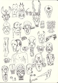 a bunch of different masks drawn in black and white