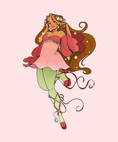 a girl with long brown hair and green pants is flying through the air in her pink dress