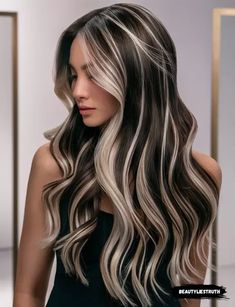 Gothic Balayage Hair, Long Haircut Color Ideas, Brunette With Blonde Halo, Brown And Platinum Hair Highlights, Hairstyles For Highlighted Hair, Platinum Highlights Brown Hair, Dark Brown With Blonde Highlights Short, Ash Blonde And Black Hair, Champagne Blonde Highlights On Dark Hair