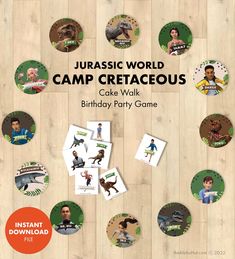 an image of a birthday party game with pictures on the board and words that read, jurasic world camp creaceous