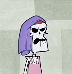 a cartoon character with purple hair and a skull on it's head, wearing a pink dress