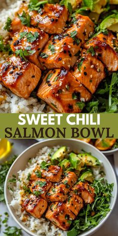 sweet chili salmon bowl with white rice and garnished with cilantro sauce