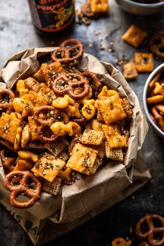 cheesy crackers and pretzels in a bowl