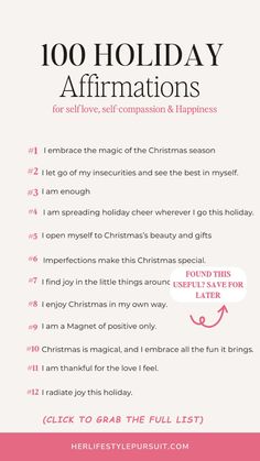 a pink and white christmas list with the words, 100 holiday affirmationss