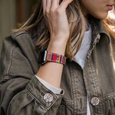 "For individuals who love to travel and explore the world, it's important to find accessories that reflect your adventurous spirit. We're excited to share our brand new Nomad Apple Watch bands, which are the perfect way to remember your previous adventures around the world. Whether you are sightseeing in Paris or hiking up Machu Picchu, you'll find that this band offers you all of the benefits of a leather Apple Watch strap while reflecting your unique personal style. Crafted from top grain cowhide leather, pair with a woven nylon fabric layer in the middle. The nylon pattern adds subtle detail to complement the look. There is no two straps alike. All of the canvas fabric was cut randomly from the whole piece. Not only the nylon pattern is slightly different from each other, but also the d Apple Watch Leather Strap, Apple Band, Apple Watch 1, Leather Apple Watch, Bracelet Apple Watch, Latest Series, Apple Watch Bands Leather, 38mm Apple Watch Band, Apple Watch Strap