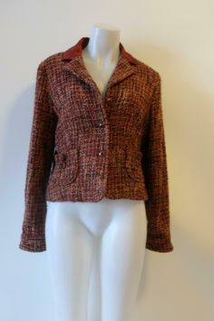 WOMENS KAREN KANE LIFESTYLE BROWN TAN TWEED  WOOL BLEND BLAZER JACKET L * SIZE: LARGE COLOR: RUST, BROWN, TAN TWEED PATTERN LONG SLEEVE 3-BUTTON CLOSURE SLIP MINI POCKETS BACK WAIST STRAP SINGLE BUTTON CLOSURE AT CUFFS VENTLESS BROCADE ACCENT COLLAR LINED MATERIALS: 47% ACRYLIC 29% WOOL 15% POLYESTER 9% NYLON MEASUREMENTS: FLAT & UN-STRETCHED SHOULDER: 17" ARMPIT: 20" WAIST: 18" SLEEVE: 25" LENGTH: 20 5/8" PRE-OWNED, IN VERY GOOD CONDITION. ..ilne_rogf_1105-4** Images sell! Get Supersized Images Fall Brown Blazer With Pockets, Fitted Brown Tweed Jacket For Office, Brown Blazer For Fall Workwear, Brown Blazer For Workwear In Fall, Brown Fall Blazer For Business Casual, Brown Blazer For Business Casual In Fall, Casual Brown Tweed Jacket With Lapel Collar, Brown Lapel Collar Blazer For Fall, Fall Tweed Blazer With Notch Lapel