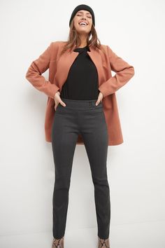 From that stressing job interview to the happy hour with your friends, these versatile pull-on pants will accompany you throughout your daily routine. With their cute details and light front tummy tamer panel, they make sure you stay comfy and stylish at all time. Real front pockets that need to be gently pulled apart before wearing Fake back pockets and front fly Pressed front and back leg crease Soft Twill fabric Metal logo tab on the back waist Button detail at the waist Mid-rise, sits slight Classic Pants, Everyday Chic, Pull Apart, Metal Logo, Job Interview, Twill Fabric, Pull On Pants, Straight Pants, Winter Fashion Outfits