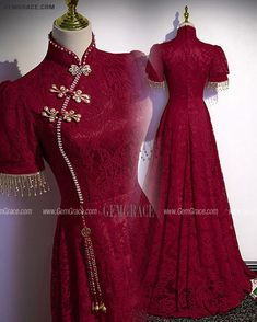 10% off now|Free shipping world-wide. Burgundy Lace Qipao Inspired Formal Dress with High Neck at GemGrace. Click to learn our pro custom-made service for wedding dress, formal dress. View #PromDresses for more ideas. Formal High Neck Lace Dress, Formal High-neck Lace Dress, High Neck Lace Dress For Formal Occasions, Elegant Dresses With Stand Collar For Ceremonies, Elegant Ceremony Dress With Stand Collar, Formal Fitted Lace Ao Dai, Formal Stand Collar Ao Dai, Formal Lace Ao Dai, Formal Fitted Stand Collar Cheongsam