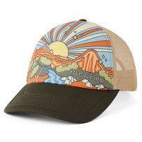 Add a feel-good statement to any fit while also keeping the sun’s rays at bay. This foam front, mesh back hat is perfect for work and play. 100% Polyester Foam front Firm mesh back Snapback with Life is Good® label on the back Five panel structured low - mid crown with six rows of stitching on the brim Imported | Life is Good Canyon Scene Trucker Hat in Moss Green Six-panel Trucker Hat For Camping, Novelty Outdoor Trucker Hat, One Size Fits Most, Adjustable Six-panel Trucker Hat For Hiking, Trucker 5-panel Hat For Hiking, 5-panel Trucker Hat With Logo Patch For Camping, Mountain Scene, Children In Need, Moss Green, Good Company